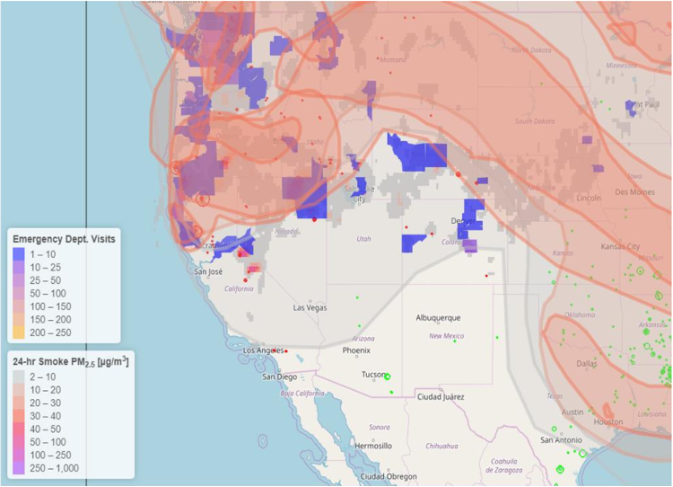 Environmental forecasting map of the western United States, layered with translucent oranges and blue patterns.