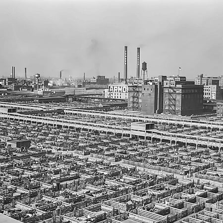 High vantage point view of the stockyard pens in Chicago during it's peak circa 1924.